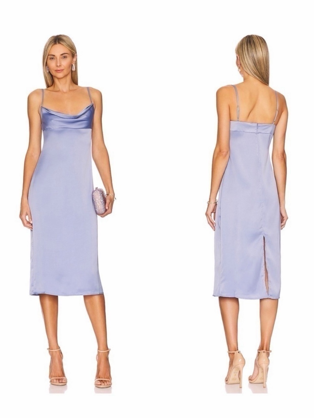 NWT WEWOREWHAT Satin Cowl Neck Slip Dress in baby blue